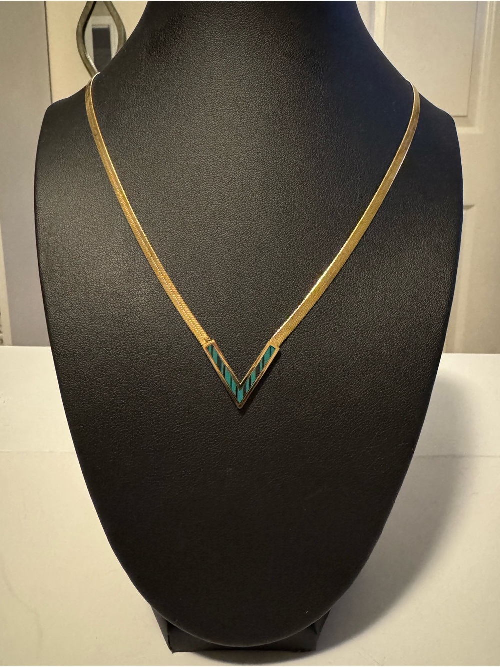 Gold V-Point Necklace with Teal Inlay - Women Jewelry